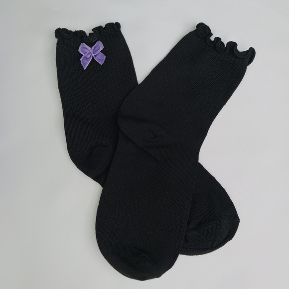Black Lettuce Ruffle Crew Cut Socks with Purple Velvet Bow. - Picture 2 of 3